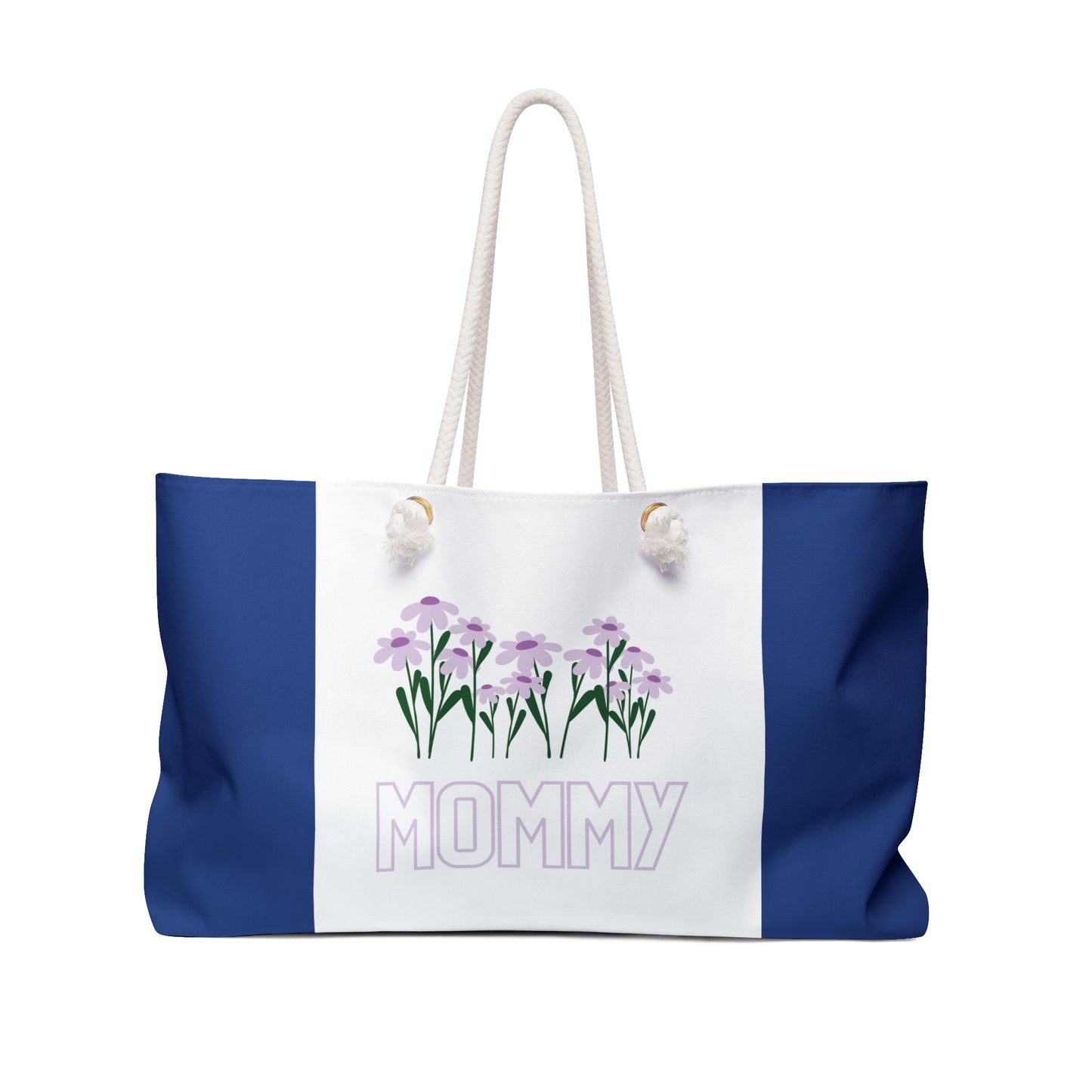 Dark Blue & White Colourful Mommy Print Weekender Bag, Floral Print Bag