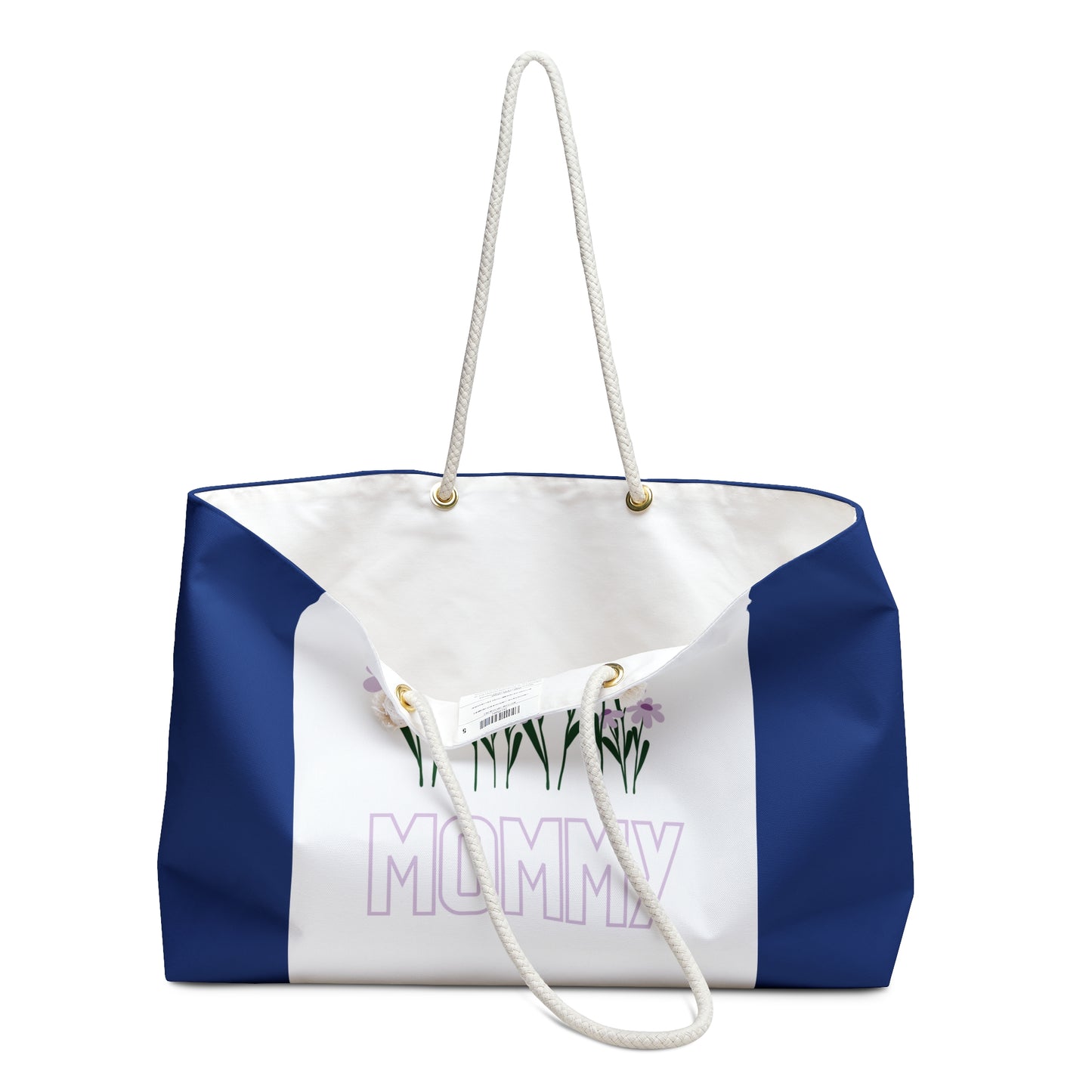 Dark Blue & White Colourful Mommy Print Weekender Bag, Floral Print Bag