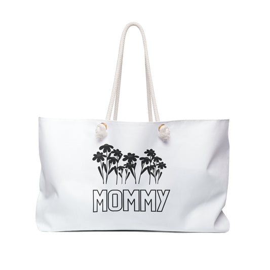 White Mommy Print Weekender Bag, Floral Print Bag