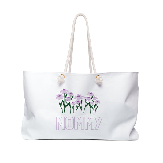 White Colourful Mommy Print Weekender Bag, Floral Print Bag