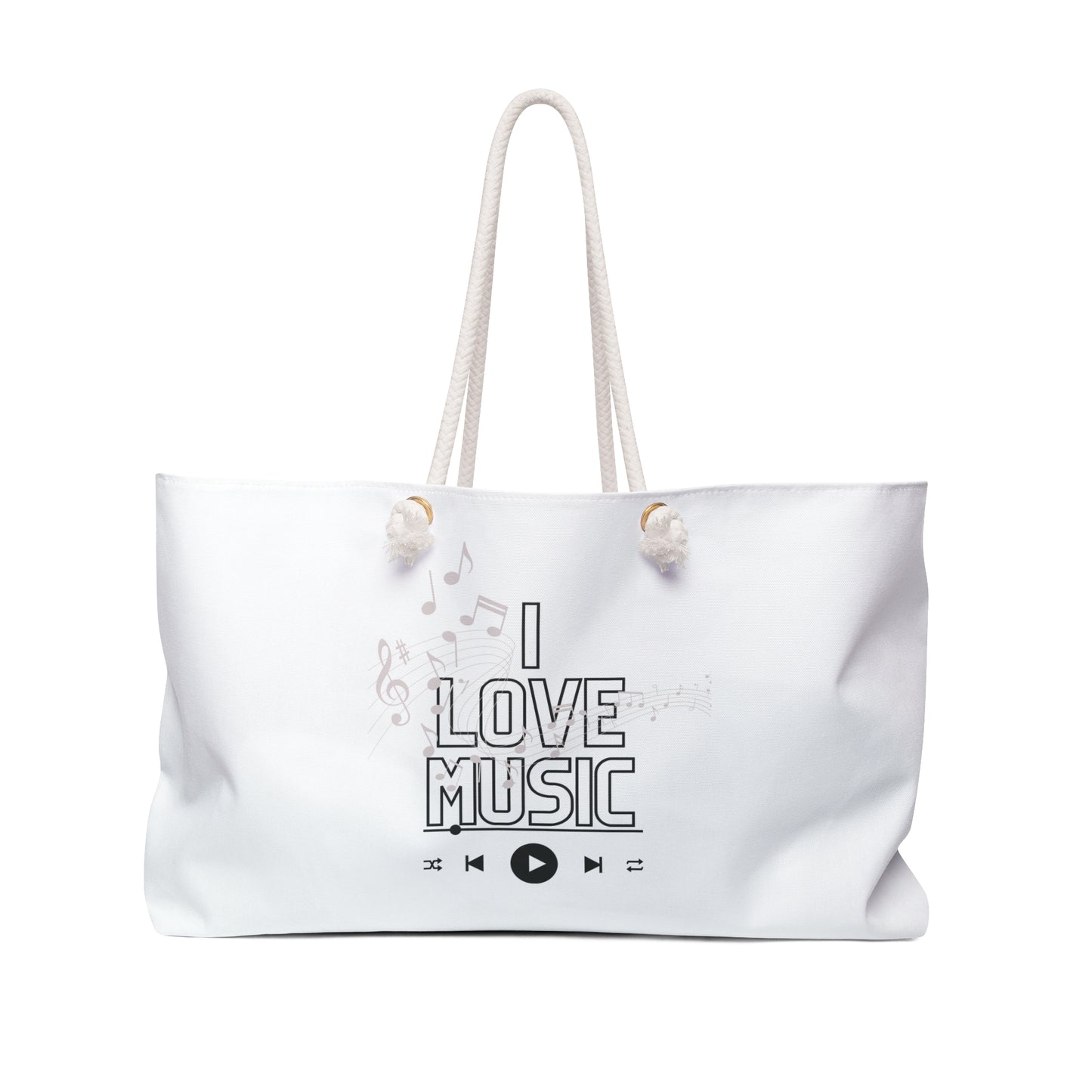 White Music Lover Print Weekender Bag, I love Music Print Tote
