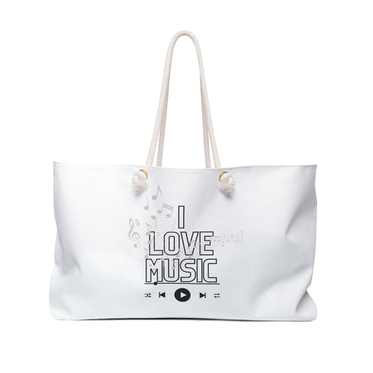 White Music Lover Print Weekender Bag, I love Music Print Tote