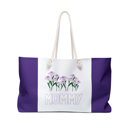 Purple & White Colourful Mommy Print Weekender Bag, Floral Print Bag