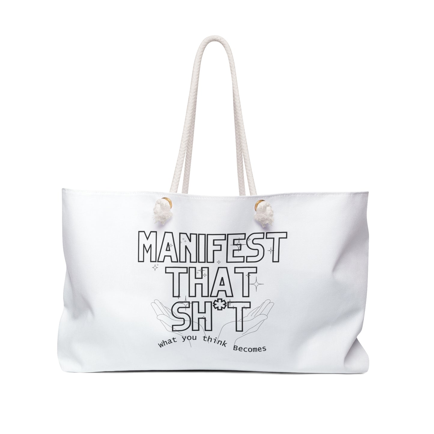 White Manifestion Lover Print Weekender Bag, Manifest That Sh*t Print Bag