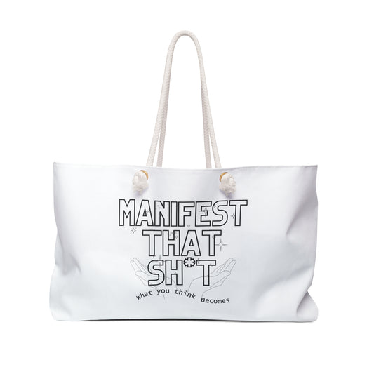 White Manifestion Lover Print Weekender Bag, Manifest That Sh*t Print Bag