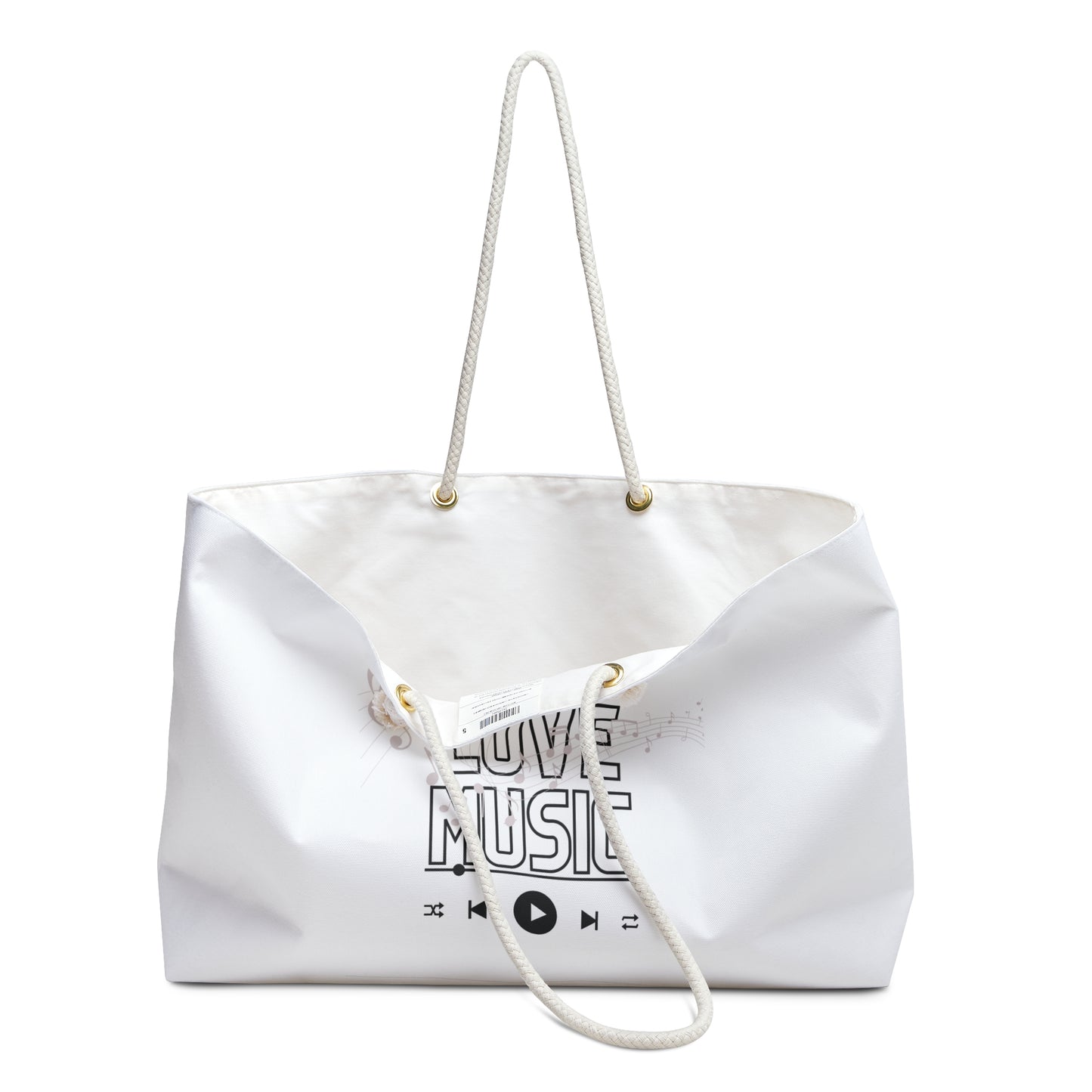 White Music Lover Print Weekender Bag, I love Music Print Tote